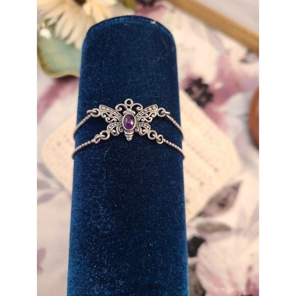 Butterfly Bracelet Size 7.75 | Double Chain Silver Amethyst Accent Jewelry - Picture 7 of 8